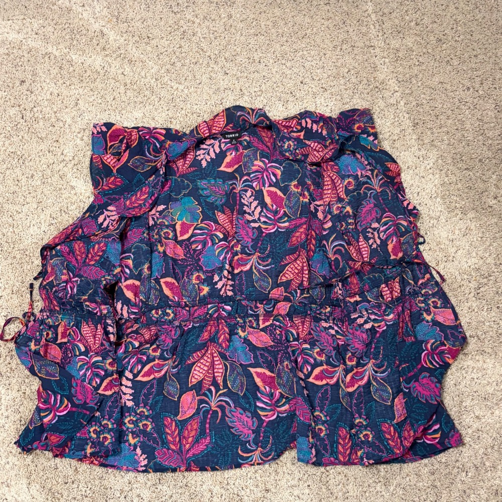 Torrid Tropical Leaf Print Ruffle Peplum Top Navy‎ Pink 4X Plus Size Blouse - Picture 4 of 8
